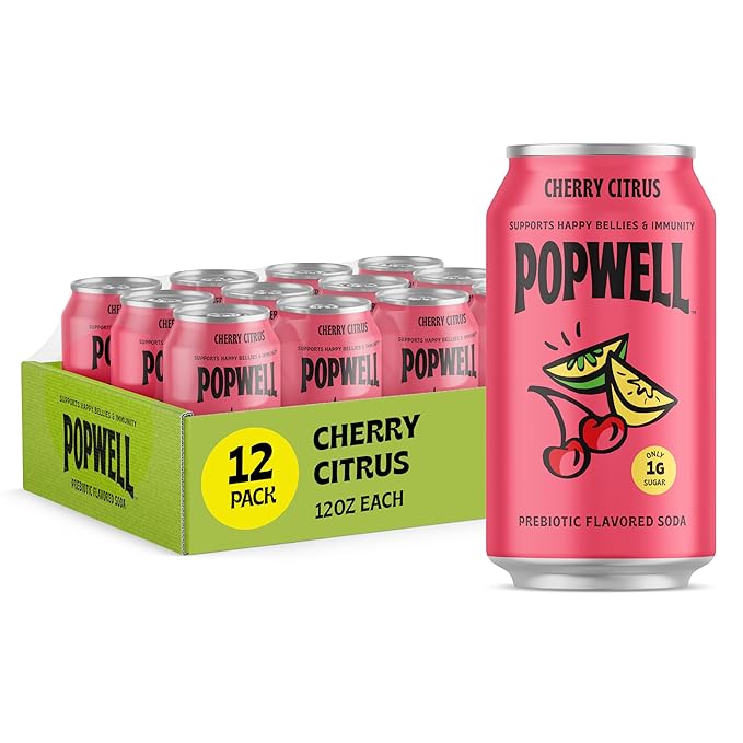 Popwell Cherry Citrus Better-For-You Prebiotic Soda, with 6g Fiber, 1g Sugar, Vitamins and Immunity Support, 12 fl oz Cans (pack of 12)