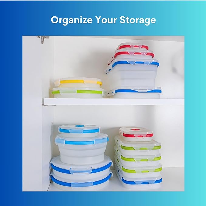 Collapsible Silicone Food Storage Containers, BPA Free, Microwave, Freezer and Dishwasher Safe, Lunch, Meal Prep, Travel, Space-Saving