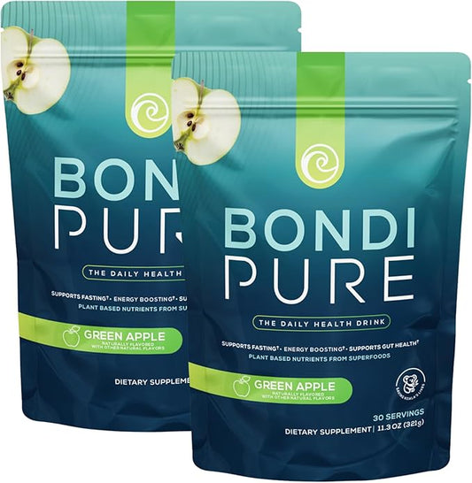 Bondi Pure - Daily Health & Detox Drink - Promote Gut Health & Energy Support During a Cleanse or Intermittent Fasting - Plant-Based Fibers, Alkalizing Super Greens - Green Apple (2-Pack)