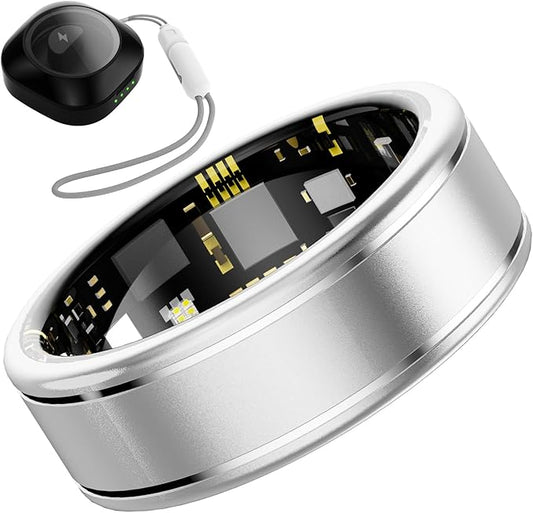 Smart Ring Health Tracker, Fitness Tracker Ring for Women Men, Monitoring of Pedometer, SpO2, Sleep Quality, Heart Rate, No Subscription Fee, Sport Rings for iOS & Android (Silver, 7)