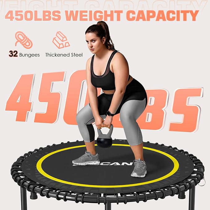 BCAN 40"/48" Rebounder Trampoline for Adult, 450/550LBS Fitness Trampoline with Bungees, Adjustable Handle, Stable & Quiet, Indoor Outdoor, Whole-Body Workout & Relaxation at Home for Women/Men