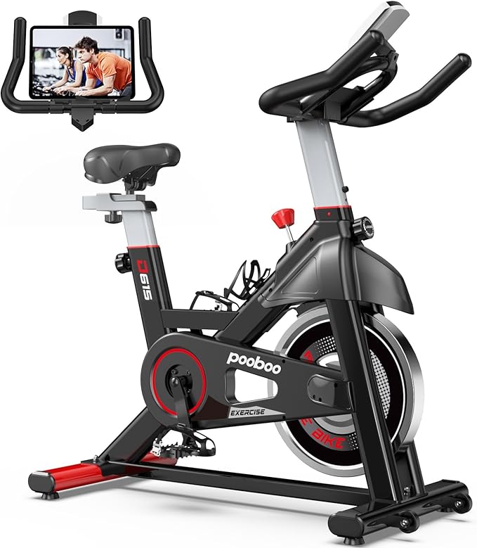 POOBOO Exercise Bike, Stationary Bike for Home Gym, Indoor Cycling Bike w/Comfortable Seat Cushion & Tablet Mount, Silent Belt Drive Indoor Bike for Cardio Workout