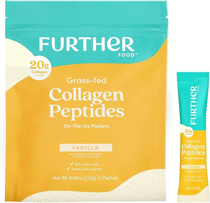 Further Food Vanilla Collagen Peptides Powder Stick Packs, Grass-Fed Pasture-Raised Hydrolyzed Type 1 & 3 Protein, Gut Health + Joint, Hair, Skin, Nails, Paleo Keto Sugar-Free 8.89 oz
