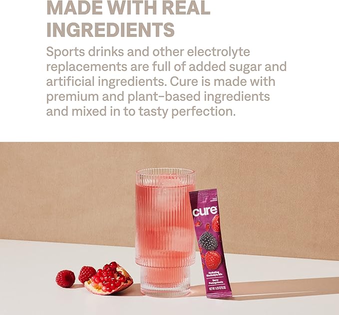 Cure Hydration | Plant-Based Electrolyte Drink Mix | No Added Sugar | FSA-HSA | Dehydration Relief Powder Made with Coconut Water | Non-GMO | Vegan | Pouch of 14 Packets - Berry Pomegranate
