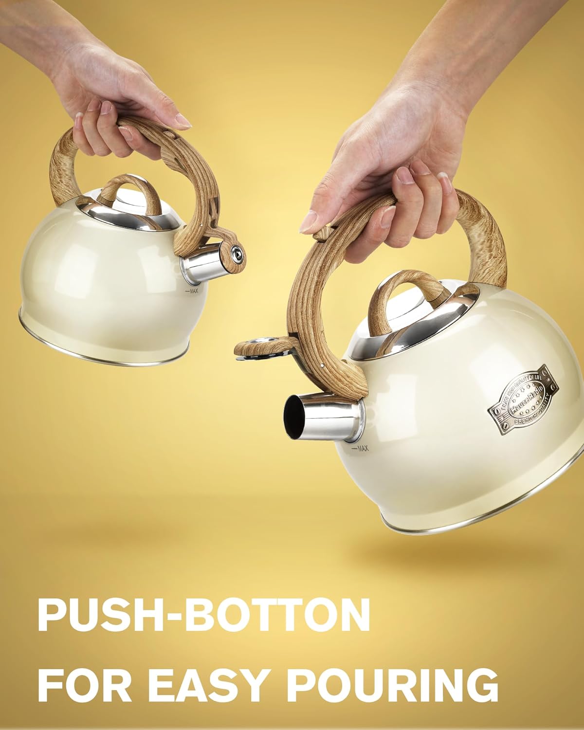 Teapot for Stovetop, 2.1 Quart Stove Top Whistling Tea Kettle, Teapot Kettles with Food Grade Stainless Steel and Wood Pattern Folding Handle, Suitable for All Heat Sources