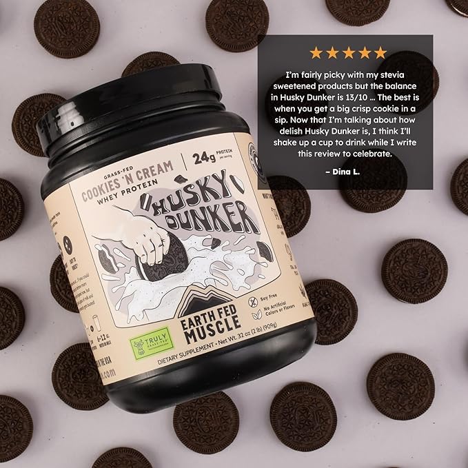 Earth Fed Muscle Husky Dunker Cookies N' Cream Truly Grass Fed Whey Protein Powder - No Artificial Ingredients, Soy Free, Non-GMO and Hormone Free (2 Pound, 27 Servings, Cookies n' Cream)