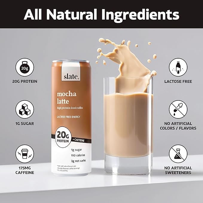 Slate Milk - High Protein Iced Coffee - Mocha Latte - 175mg Caffeine, Lactose Free Energy - 20g Protein, 1g Sugar, 110 Calories, 3g Net Carbs, No Sugar Added - Protein Coffee - 11 fl oz, 12 Cans