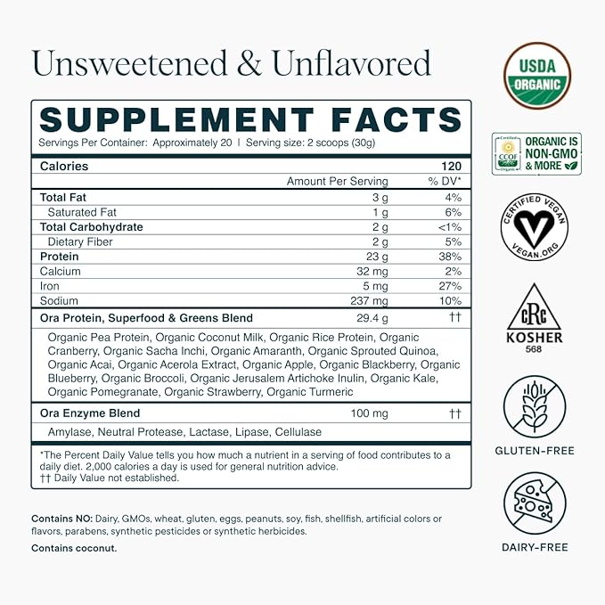 Ora Organic Vegan Protein Powder - 23g Plant Based Pea Protein + Superfood for Women and Men - Unsweetened & Unflavored - 20 Servings, No Erythritol, Keto-Friendly, Gluten-Free, Paleo, Soy-Free