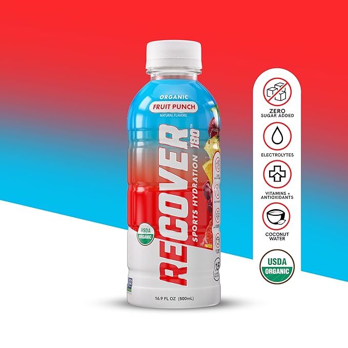 RECOVER 180 Organic Sports Hydration Drink, No Sugar Added, 20 Calorie Sports Beverage, Organic Flavors With Vitamins, Potassium-Packed Electrolytes (16.9 Fl Oz (Pack of 12), Fruit Punch)