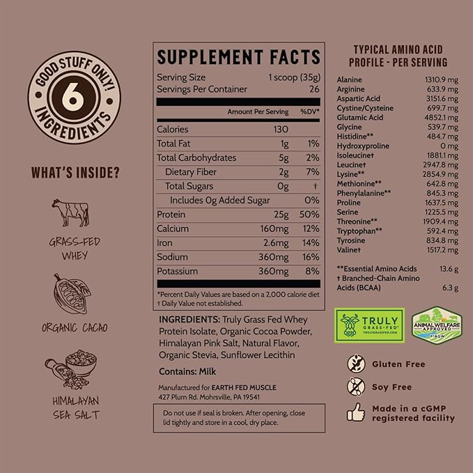 Earth Fed Muscle Dark Arts Grass Fed Truly Grass Fed Whey Protein Powder - No Artificial Ingredients, Soy Free, Gluten Free, Non-GMO and Hormone Free (2 Pound, 26 Servings, Salted Chocolate)