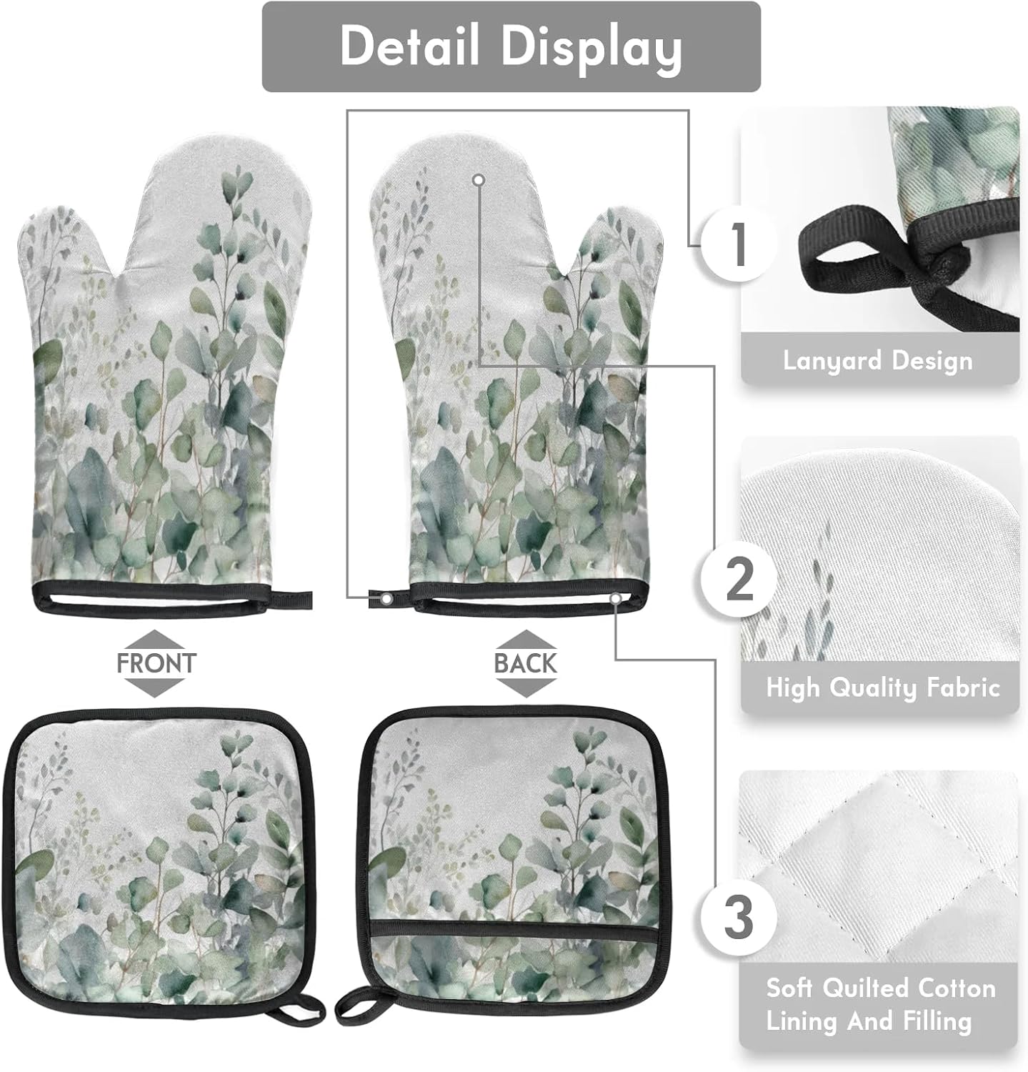 Sage Green Eucalyptus Oven Mitts and Pot Holders Sets, 2 Pcs Decorative Kitchen Oven Glove for Cooking