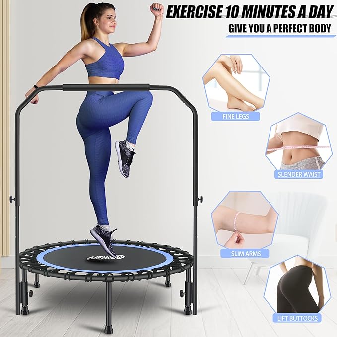 Newan 40" Silent Mini Trampoline with Adjustable Handle Bar Fitness Trampoline Bungee Rebounder Jumping Cardio Trainer Workout for Adults - Max Limit 330 lbs