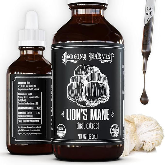 Hodgins Harvest Organic Lion's Mane Tincture | Made with Mushrooms Grown On Our Farm in The USA | Dual Extract | Extra-Concentrated (4 fl oz)