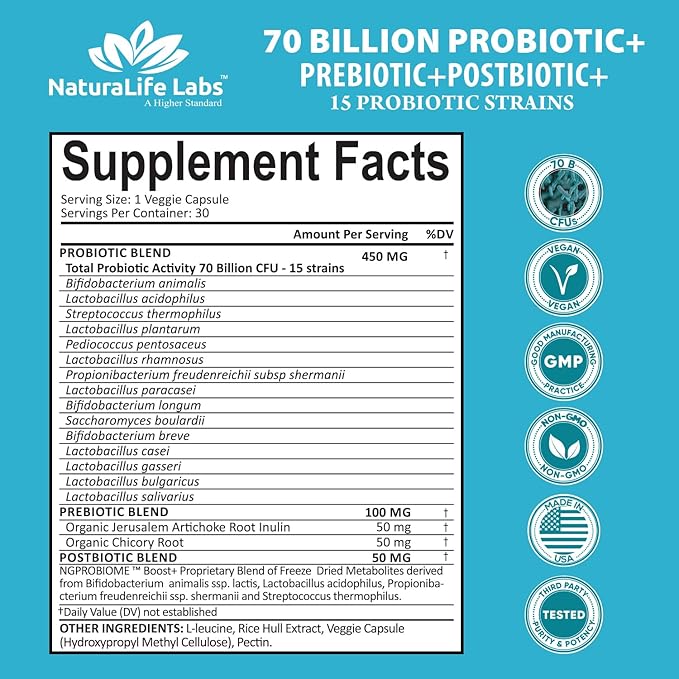 Probiotics 70 Billion CFU – 15 Probiotic strains + Organic Prebiotic+ Postbiotic 3-in-1 Complete – Promotes Healthy Digestive & Immune Function –Gas, Bloating, Constipation Support – for Men & Women