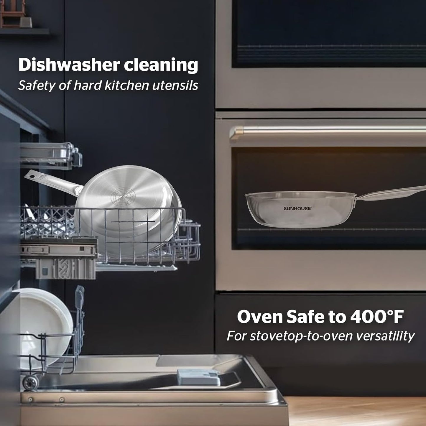 Sunhouse 18/10 11 Inch Stainless Steel Frying Pan, Whole-Clad No Coatings Skillet with Stay-cool Handle for Cooking, Durable & Oven Safe to 500°F, Dishwasher Safe, Compatible with All Cooktops