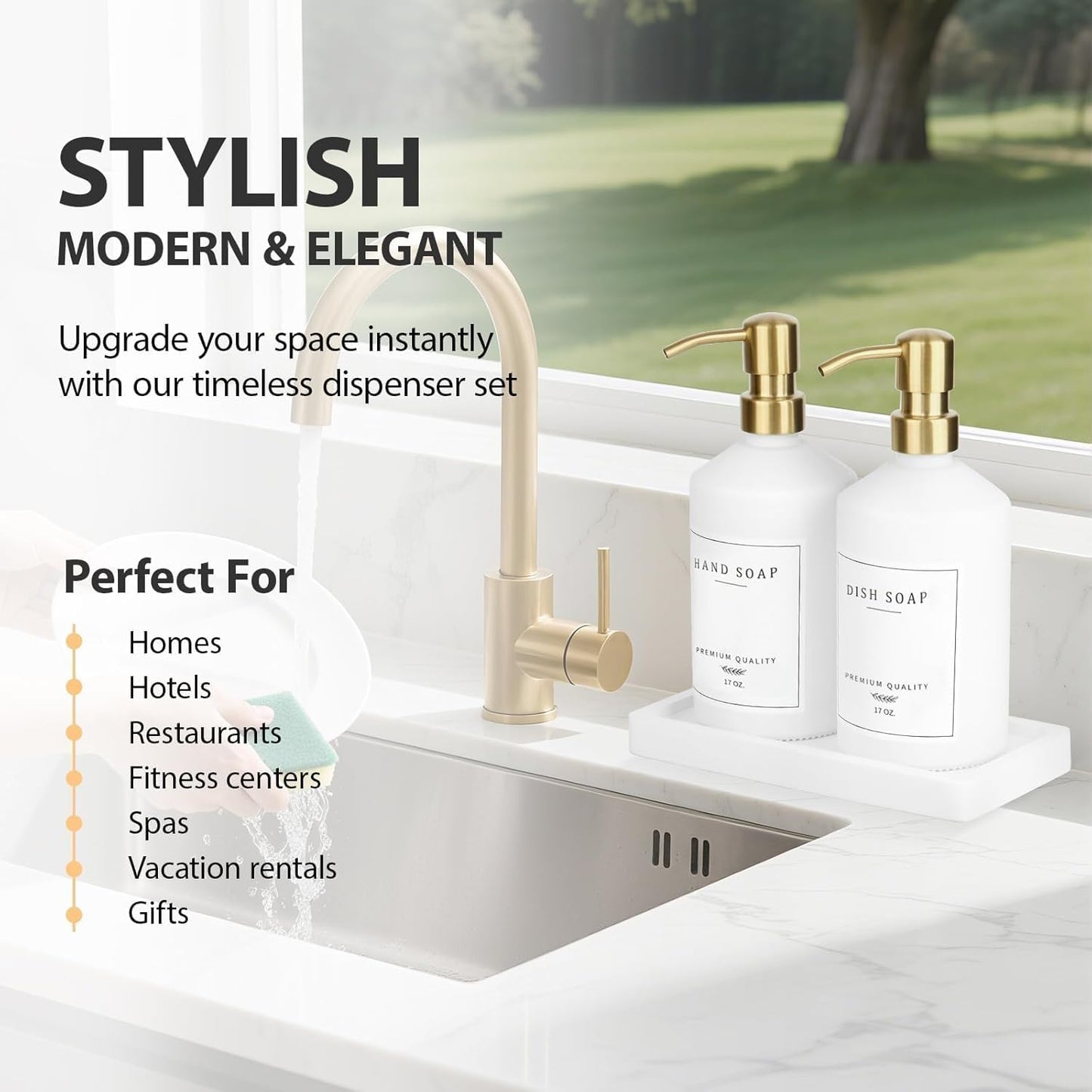 Gold Soap Dispenser Set, Glass Hand and Dish Soap Dispenser Set with Tray,Stainless Pump,14 Stickers for Kitchen,Bathroom Soap and Lotion Dispenser,Modern Counter Decor (White Bottle/Gold Pump)