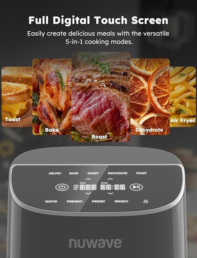 Nuwave Brio Plus 8 Qt Air Fryer, PFAS Free, New & Improved, Digital Touch Screen, Cool White Display, 50°F~400°F in Precise 5°, 5 Cook Functions, 100 Presets & 50 Memory, 3 Wattages 700, 1500, 1800