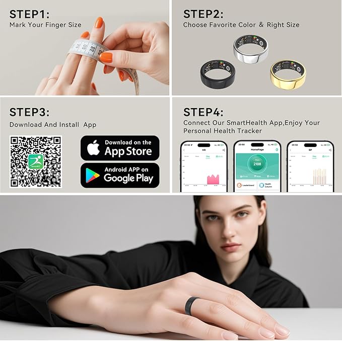 Smart Rings for Women Men,Fitness Tracker Ring,Heart Rate,Blood Oxygen,Blood Pressure,Step Tracker,Sleep Monitoring,No Subscription Fee,IP68 Waterproof Smart Ring for iphone&Android(Black 7)
