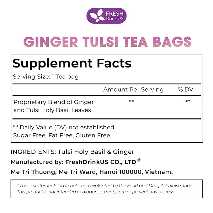 FreshDrinkUS, Premium 135 Ginger Tulsi Tea Bags, 100% Natural, Hand-made Blend of Ginger and Tulsi Holy Basil Leaves, Eco-conscious Tea Bags. Ginger Tulsi Herbal Tea. No Sugar, No Caffeine, Vegan.