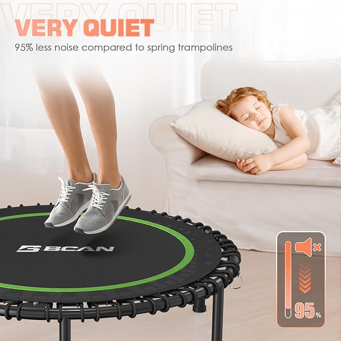 BCAN 40"/48" Foldable Mini Trampoline with Resistance Band, 450 LBS Adult Fitness Trampoline with Bungees, U Shape Adjustable Foam Handle, Stable & Quiet Indoor/Garden