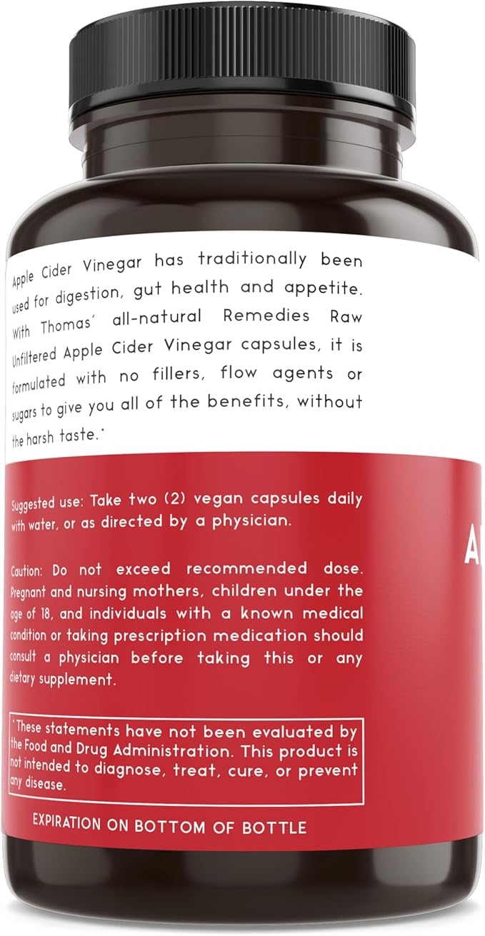 Thomas' all-natural Remedies Apple Cider Vinegar with The Mother, Raw & Unfiltered ACV Pills for Gut & Digestion, 120Ct