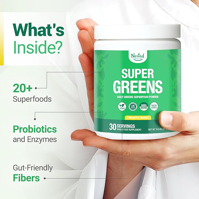 Super Greens Daily Greens Superfood Powder - Certified USDA Organic Green Powder w/20+ Whole Foods, Spirulina, Wheat & Barley Grass - Probiotics, Fiber & Enzymes - Pineapple Mango, 30 Servings