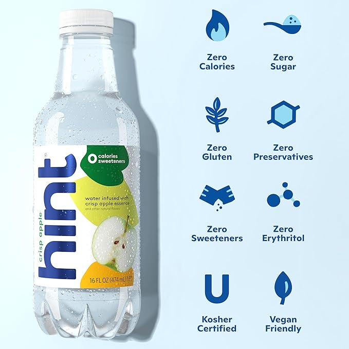 Hint Fruit-Infused Bottled Water, Crisp Apple - Sugar Free Flavored Water with Zero Calories, Naturally Flavored, and No Artificial Sweeteners - 16 Fl Oz (Pack of 12)