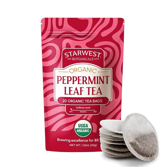 Starwest Botanicals Organic Peppermint Leaf Tea - Caffeine Free Herbal Tea, Supports Digestion, USDA Organic Peppermint Leaf, String Free Sachets, Non GMO - 20 Tea Bags