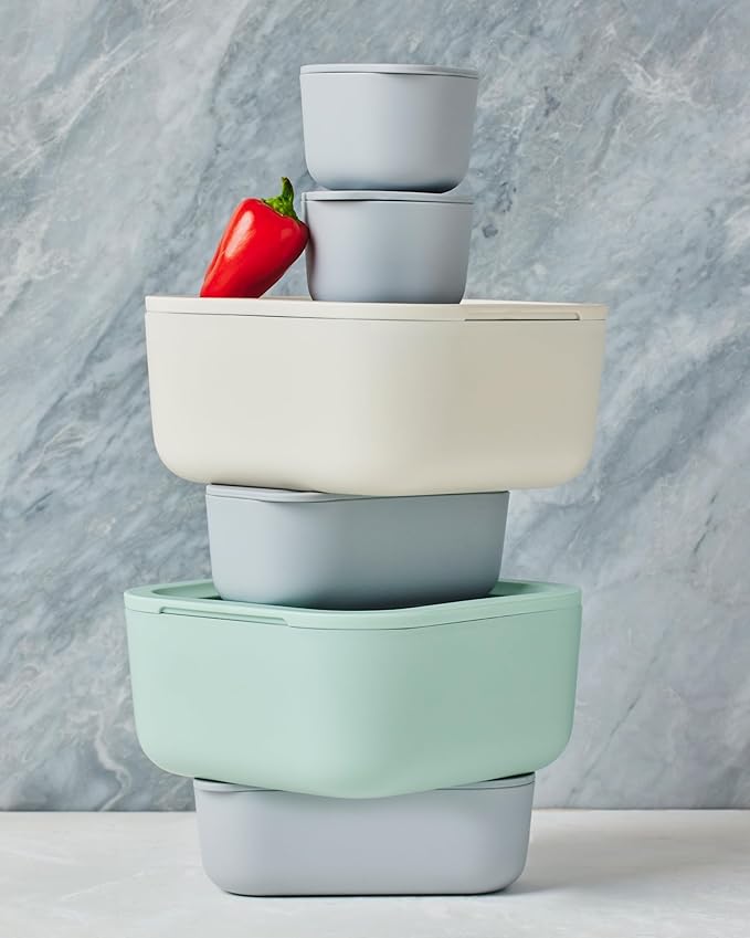 Caraway 6pc Glass Food Storage Set – 4.4 Cup Food Containers (6) - Ceramic Coated - Non Toxic, Non Stick with Lids - Microwave Safe - Gray