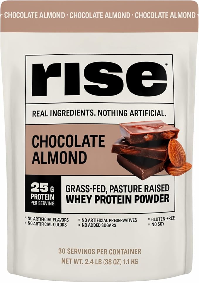 Rise Grass-Fed Whey Protein Powder - Chocolate Almond | 25g Protein No Artificial Flavors, Colors, or Preservatives - Sugar Free, Gluten-Free, Soy Free (2.4 lbs)