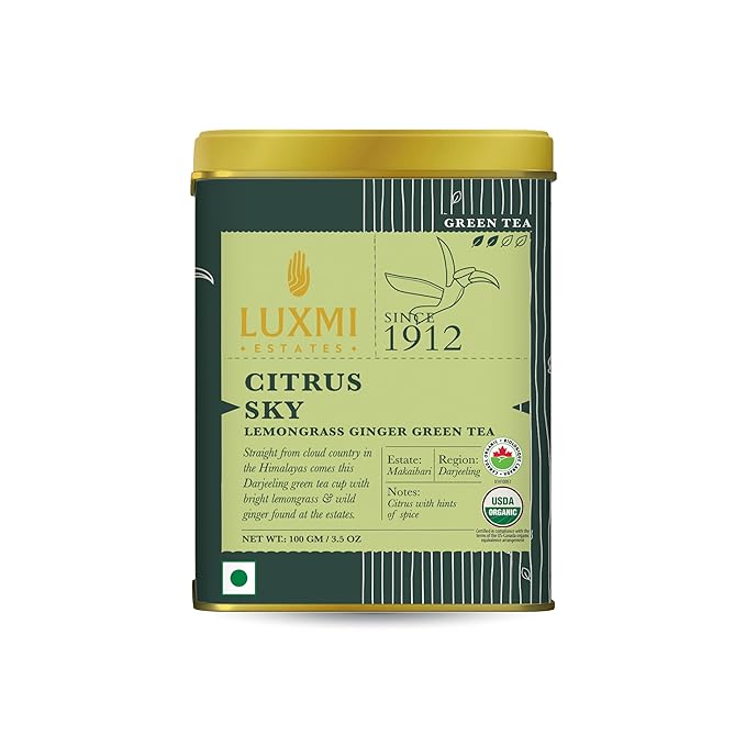 Luxmi Estates Citrus Sky Green Tea 100gm Tin | Certified Organic Darjeeling Green Tea