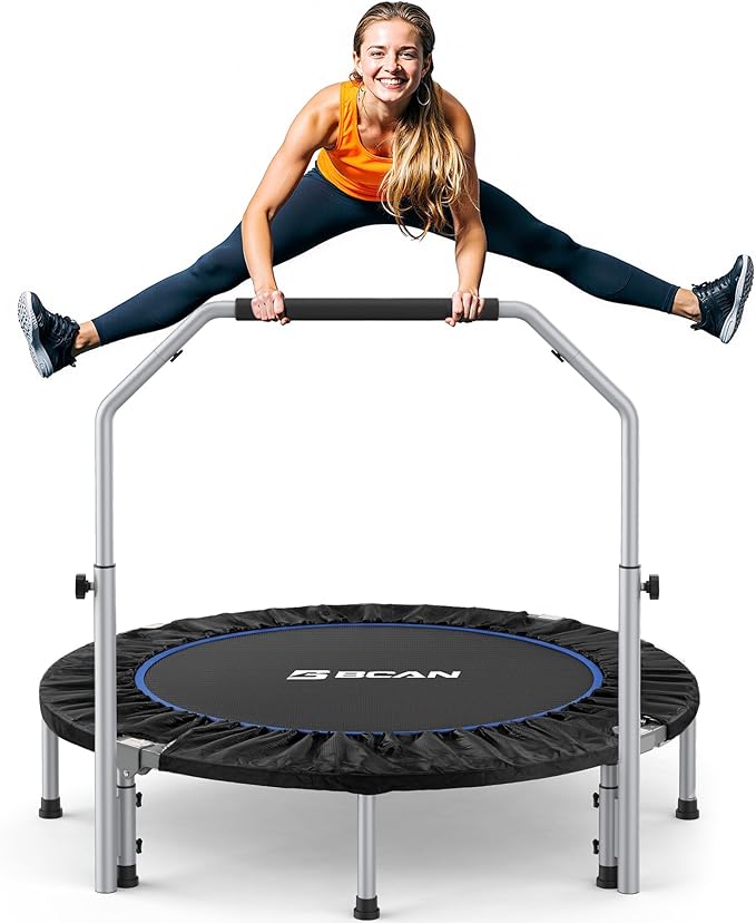 BCAN 40/48" Foldable Mini Trampoline Max Load 330lbs/440lbs, Fitness Rebounder with Adjustable Foam Handle, Exercise Trampoline for Adults Indoor/Garden Workout