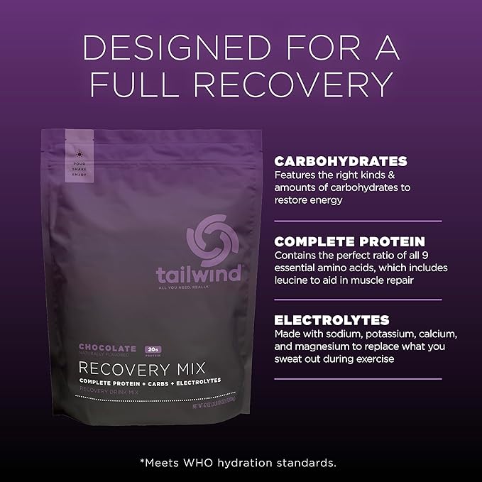 Tailwind Nutrition Recovery Mix, 20 Grams Complete Protein, Carbohydrates, and Electrolytes Powder Drink Mix for Post-Workout, Free of Gluten, Soy, and Dairy, Vegan, 20 Servings, Chocolate