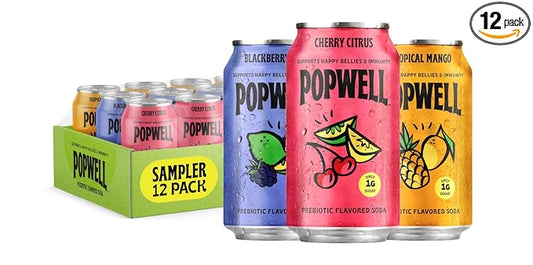 Popwell Variety Pack Better-For-You Prebiotic Soda, with 6g Fiber, 1g Sugar, Vitamins and Immunity Support, 12 fl oz, 12 count (Blackberry Lime, Cherry Citrus, Tropical Mango)