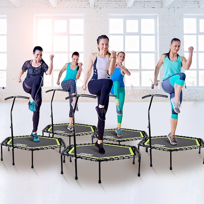 ONETWOFIT 48" Silent Mini Trampoline with Adjustable Handle Bar Fitness Trampoline Bungee Rebounder Jumping Cardio Trainer Workout for Adults