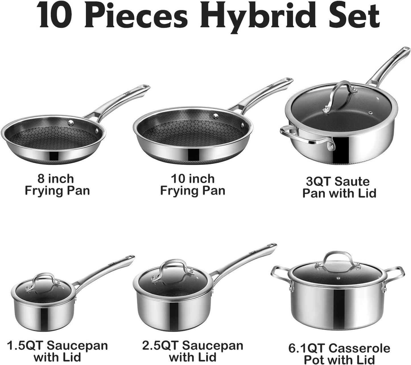 Non Stick Frying Pans Set, Hybrid Pans Set Nonstick (10 pcs),Pan for cooking, PFOA Free Kitchen set, Dishwasher and Oven-Safe Cookware Sets, Stainless Steel Skillets