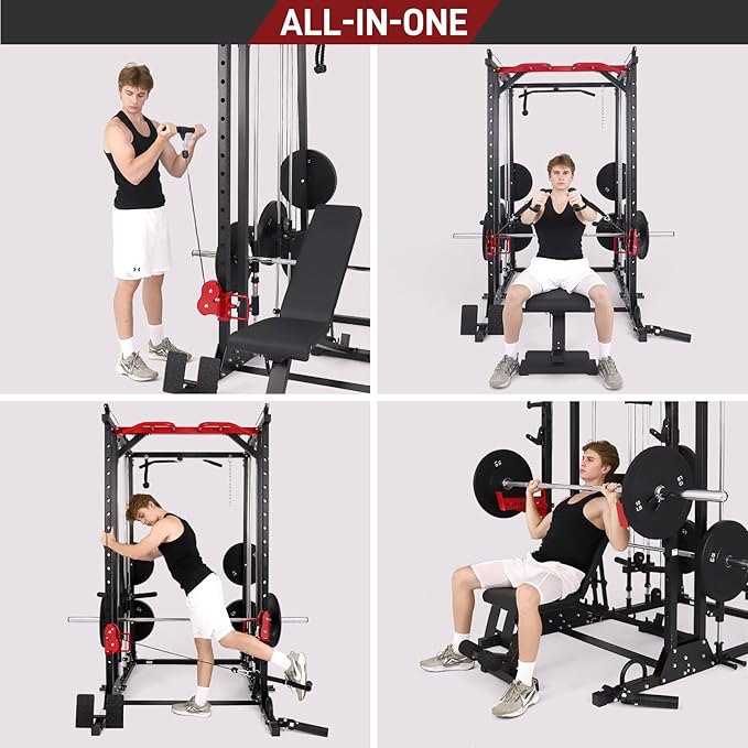 Smith Machine with LAT-Pull Down System & Cable Crossover Machine, 2000LBS Power Cage Rack for Garage Workout & Home Gym