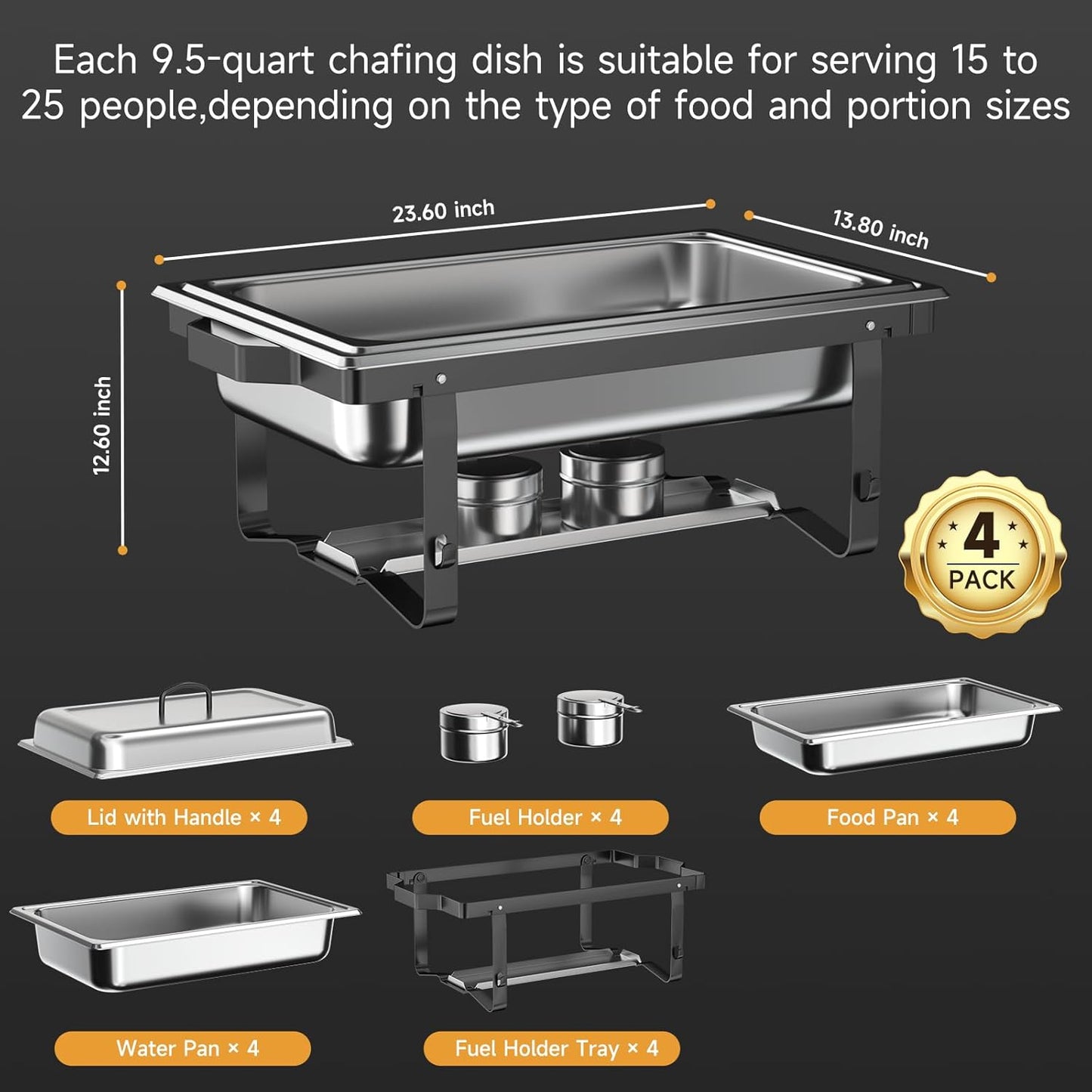Chafing Dishes for Buffet 4 Pack, 9QT Chafing Dish High Grade Stainless Steel Chafer Complete Set,Steel Handle, Catering Events Complete Buffet Warmer Set (Black, 4)
