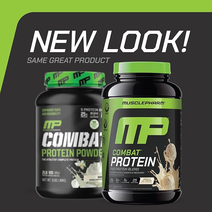 MusclePharm Combat Protein Powder, Vanilla Flavor, Fuels Muscles for Productive Workouts, 5 Protein Sources Including Whey Protein Isolate & Egg Albumin, Gluten Free, 2 lb, 25 Servings