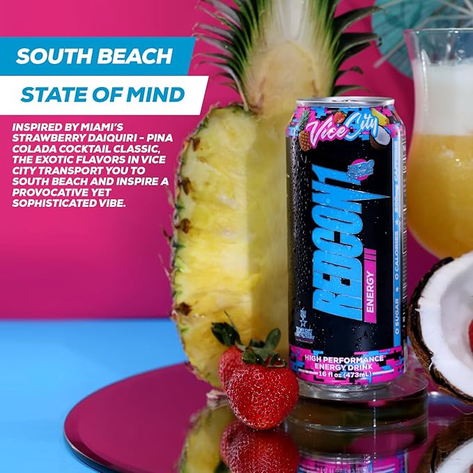 REDCON1 Energy High Performance Drink, Vice City - Zero Sugar Energy Drink with Alpha GPC Nootropic - 200mg of Natural Caffeine from Green Coffee Beans - Vitamin B6, B12 & B5 to Boost Mood (12 ct)