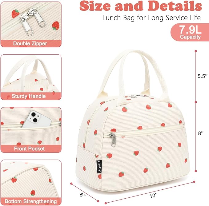 FlowFly Insulated Lunch Bag for Women – Corduroy Lunch Tote Box, Cute Cooler Bag for Work, Travel, Picnic, Corduroy Strawberries Beige