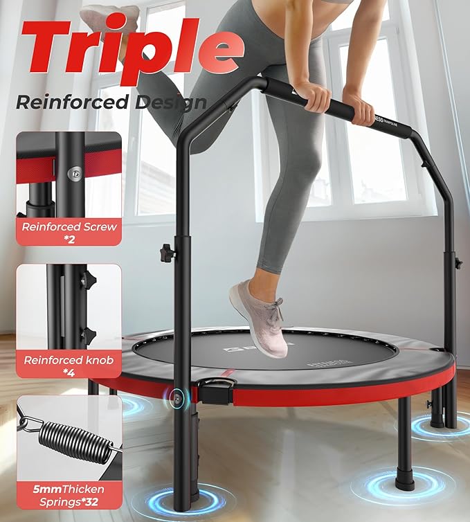 BCAN 40"/48" Foldable Mini Trampoline, Rebounder Trampoline for Adults, U/T Shape Adjustable Foam Handle, Exercise Rebounder for Adults Indoor/Garden Workout, Max Load 330lbs/440lbs