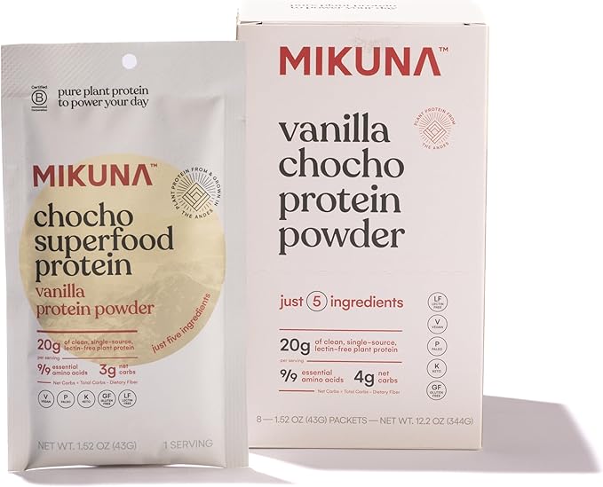 Mikuna Chocho Superfood Protein, Plant-Based Protein Powder, Travel Packs - Vegan, Gluten Free, 3g Net Carbs or Less, and Bioavailable, Non-Isolate (8 Servings, Vanilla)
