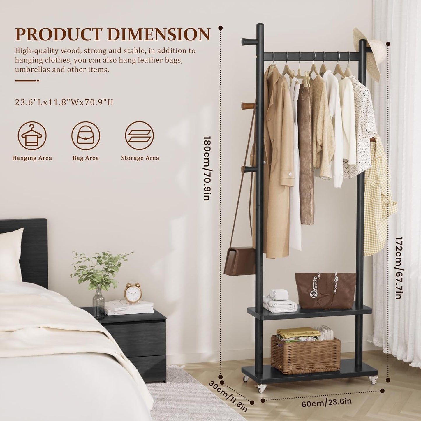Coat Rack Freestanding Clothing Rack with Wheels & 2 Shelves Storage & 5 Hooks Heavy Duty Clothes Rack Wood Coat Tree Stand Hat Hanger Rack for Corner Bedroom Entryway Living Room Hotel Size L