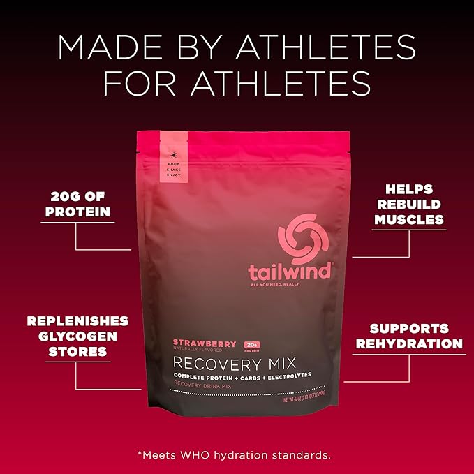 Tailwind Nutrition Recovery Mix, 20 Grams Complete Protein, Carbohydrates, and Electrolytes Powder Drink Mix for Post-Workout, Free of Gluten, Soy, and Dairy, Vegan, 20 Servings, Strawberry
