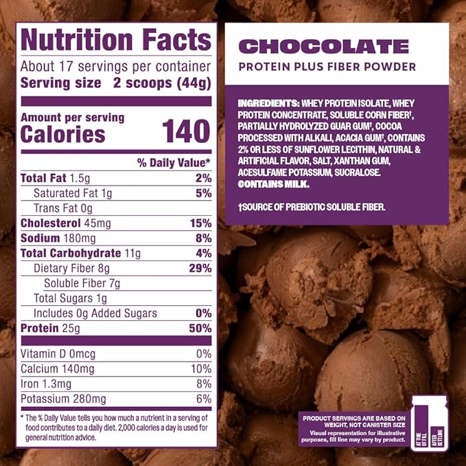 Premier Protein Powder Plus Fiber, 25g Protein, 7g Fiber, Chocolate, No Added Sugar,17 Servings