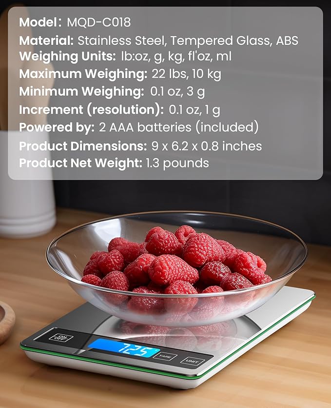 Nicewell Food Scale, 22lbs Digital Kitchen Grey Stainless Steel Scale Weight Grams and oz for Cooking Baking, 1g/0.1oz Precise Graduation,Tempered Glass (Dark Gray)