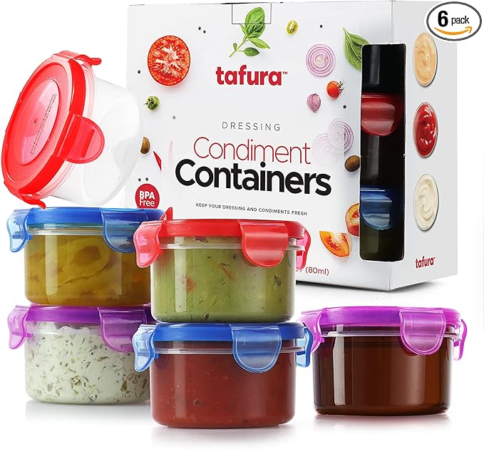 Salad Dressing Container to go, 6 Pack | 2.7 Oz. Dressing Containers for Lunch Box | Small Containers with Lids | Dip Containers for Lunch Box | Condiment Containers with Lids, Leakproof, BPA Free