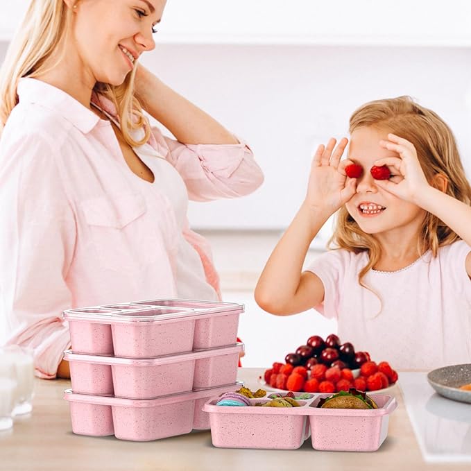 Large Capacity Bento Box for Adults, 4-Piece Set – Stackable Lunch Box with 4 Compartments, Microwave & Dishwasher Safe, Reusable Meal Prep Containers, Snack Containers for Kids & Adults (Pink)