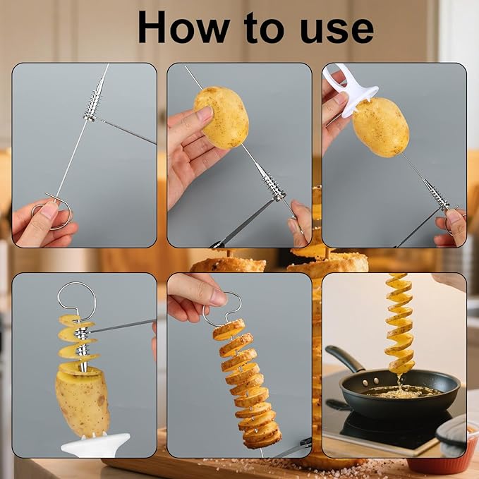 Tornado Spiral Potato Cutter Set, Manual Tornado Spiral Potato Cutter with 4pcs Stainless Steel Skewers Vegetable Spiralizer for Fry Chips Making Practical Kitchen Gadgets